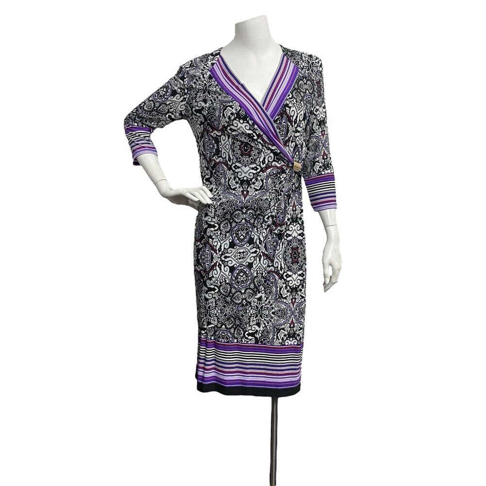 R&M Richards Paisley Print V-Neck Faux Wrap Dress Sz 6 Black Purple Knee Length